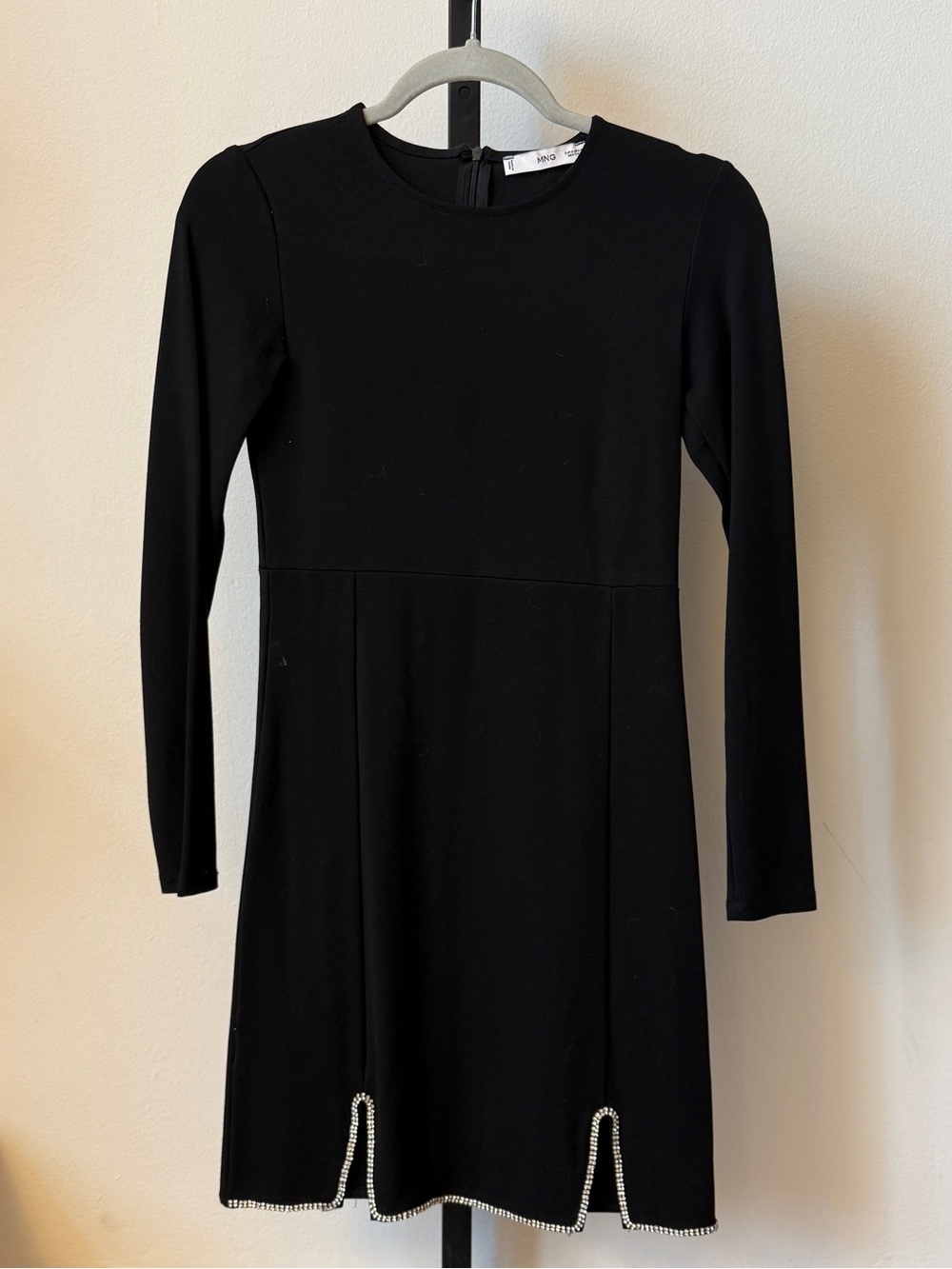 Mango Black Long-Sleeve Mini Dress with Front Slit Embellishments Size Small - Picture 3 of 6